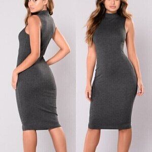 FASHION NOVA Rydell Midi Dress Charcoal Gray Ribbed Sleeveless Mock Neck Bodycon